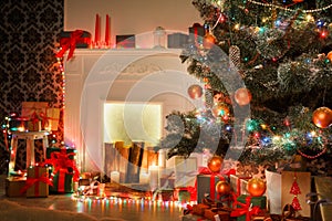 Christmas room interior design, decorated tree in garland lights