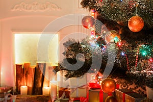 Christmas room interior design, decorated tree in garland lights