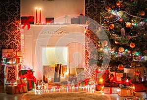 Christmas room interior design, decorated tree in garland lights