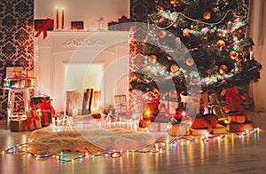 Christmas room interior design, decorated tree in garland lights