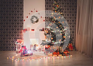 Christmas room interior design, decorated tree in garland lights