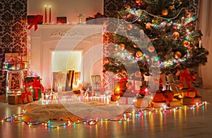 Christmas room interior design, decorated tree in garland lights