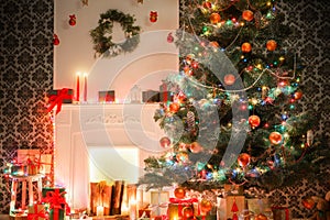 Christmas room interior design, decorated tree in garland lights