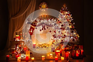 Christmas Room Interior Design. Xmas Tree Decorated By Lights. Fireplace and Clock. Presents Gifts Toys, Candles and Garland