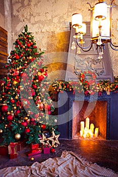 Christmas Room Interior Design, Xmas Tree Decorated By Lights Pr