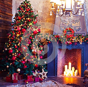 Christmas Room Interior Design, Xmas Tree Decorated By Lights Pr