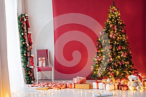 Christmas Room Interior Design, Xmas Tree Decorated By Lights Presents Gifts Toys,