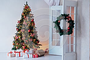 Christmas Room Interior Design, Xmas Tree Decorated By Lights Presents Gifts Toys,