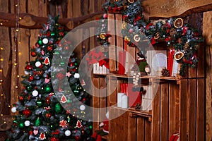 Christmas Room Interior Design, Xmas Tree Decorated By Lights, Presents, Gifts, Toys, Candles And Garland Lighting