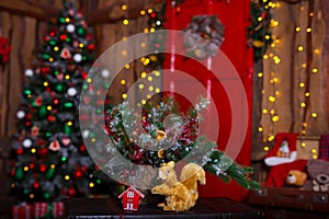Christmas Room Interior Design, Xmas Tree Decorated By Lights, Presents, Gifts, Toys, Candles And Garland Lighting