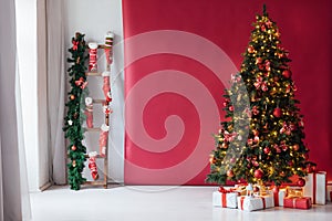 Christmas Room Interior Design, Xmas Tree Decorated By Lights Presents Gifts Toys,