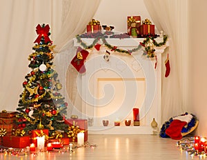 Christmas Room Interior Design, Xmas Tree Decorated By Lights