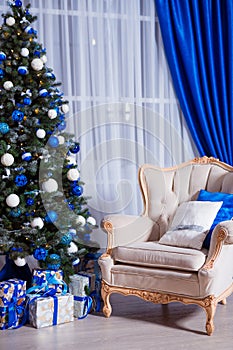 Christmas Room Interior Design, Xmas Tree Decorated By Lights, Presents, Gifts, Toys And Garland Lighting