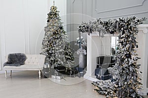 Christmas Room Interior Design, Xmas Tree Decorated By Lights Presents Gifts Toys And Garland Lighting Indoors Fireplace