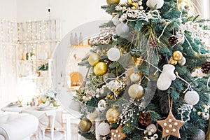 Christmas Room Interior Design, Xmas Tree Decorated By Lights Presents Gifts Toys white and gold, Candles And Garland, mirror