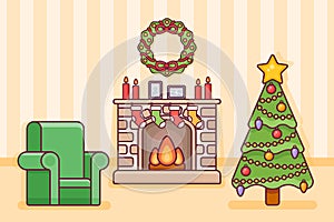 Christmas room interior with fireplace, tree, socks and armchair. Vector illustration.