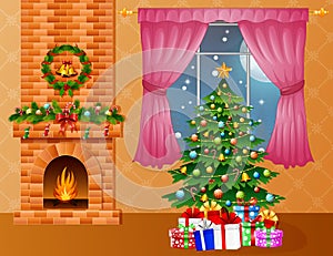 Christmas room interior with fireplace, xmas tree and presents