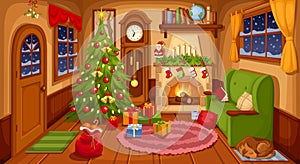 Christmas room interior. Vector illustration.