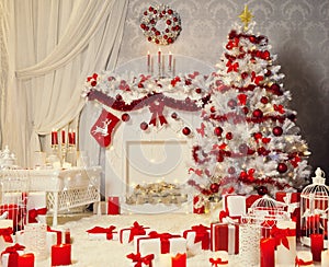 Christmas Room Interior, White Xmas Tree, Fireplace Decoration