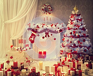 Christmas Room Interior, Xmas Tree Fireplace Presents, House
