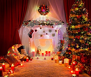 Christmas Room, Lighting Xmas Tree Fireplace Decoration