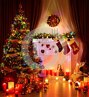 Christmas Room and Lighting Xmas Tree, Magic Interior Fireplace