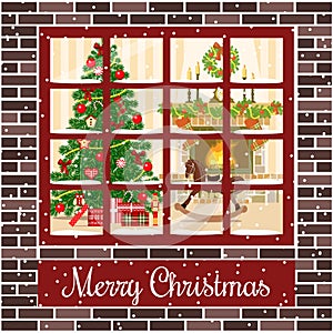 Christmas room postcard. With fireplace, christmas tree through the window.