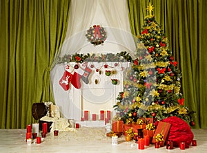 Christmas Room Xmas Tree, Decorated Home Interior, Fireplace Sock