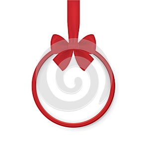 Christmas round banner with red ribbon and bow isolated on white background. Vector illustration. Christmas ball.