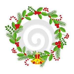 Christmas round floral wreath frame. Traditional winter garland icon