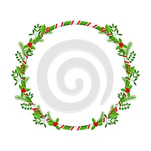 Christmas round floral wreath frame. Traditional winter garland icon