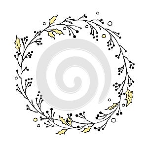 Christmas round floral wreath isolated. Vector hand drawn doodle illustration.