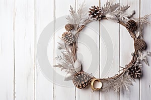 Christmas round frame made of natural winter things on white wooden background. Flat lay . Copy space