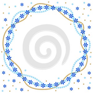 Christmas round greeting frame of gold beads and blue snowflakes