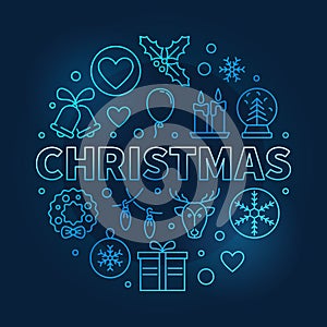 Christmas round vector blue outline symbol on dark background