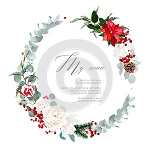 Christmas round wreath with red amaryllis, berry, cedar, salal, emerald pine, eucalyptus