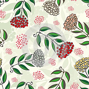 Christmas rowan tree branches with red, gold, silver berries. Seamless vector pattern on light green background with