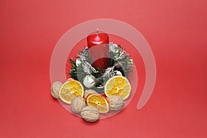 Christmas Rustic Decoration on Red Background