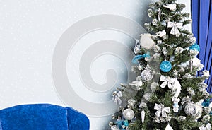 Christmas rustic room decorated tree interior indoor environment space with white wall and empty copy space for your text