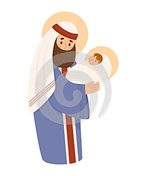 Christmas. Saint Joseph the Betrothed with baby Jesus Christ. Holy Forefather. Vector illustration in cartoon flat style