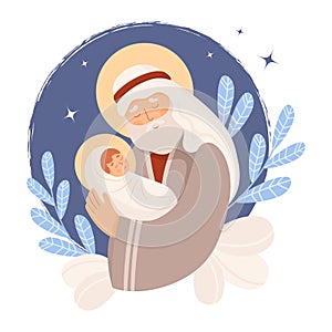 Christmas. Saint Joseph the Betrothed. Holy Forefather with baby Jesus Christ. Holy Night. Vector illustration in