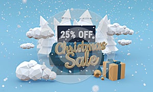 Christmas sale 25% twenty five percent off 3d illustration in cartoon style. Discount concept.