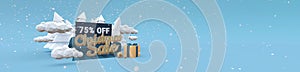 Christmas sale 75 seventy five percent off 3d illustration in cartoon style. Horizontal banner with copy space.