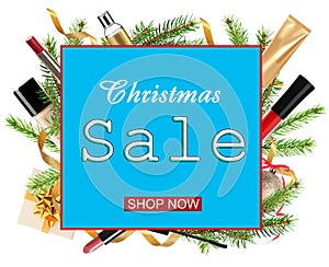 Christmas sale ad with makeup products