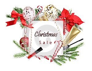 Christmas sale ad with makeup products, decor