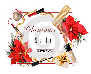 Christmas sale ad with makeup products, decor