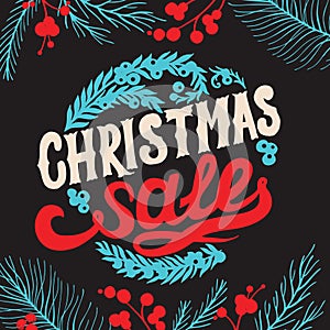 Christmas sale chalkboard background with holiday decorations.