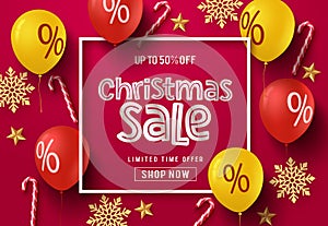 Christmas sale balloon vector banner background. Christmas sale text in frame with colorful elements.