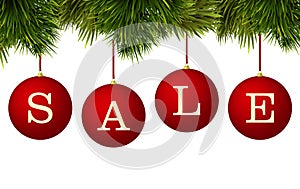 Christmas sale banner advertisement - red baubles with pine branches