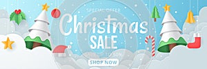 Christmas sale banner with christmas element. Paper art vector.